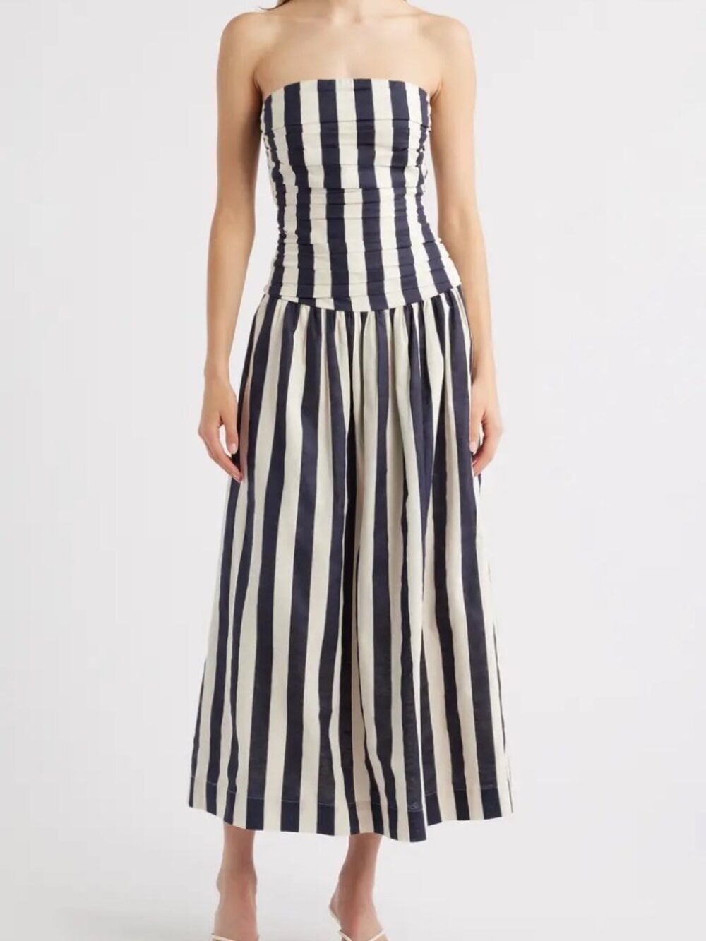 NWT Moon River Stripe Black Beige Ruched Strapless Midi Dress Women's XS